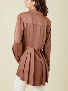 MYSTREE Satin Bronze Pleated Back Tunic Blouse | Longline Button Front Top